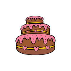Cake for the holiday. Doodle image of a birthday cake. Flat confectionery image.