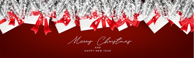 Fototapeta na wymiar Christmas banner or website header. Merry Xmas and Happy New Year design for invitation or sale advertisement with silver fir tree branches and gift boxes with red ribbon and bow. Vector illustration.