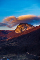 Fototapeta premium Beautiful mountain landscape in the Carpathian Mountains Romania at the transition from autumn to winter.