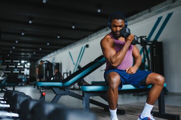 Obraz na płótnie Canvas Man exercising with dumbbells at a gym, horizontal shot