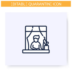 Man inside window line icon. Quarantine. Lockdown. Social isolation and covid19 virus spread prevention. Global viral pandemic fight. Stay home concept. Isolated vector illustration. Editable stroke 