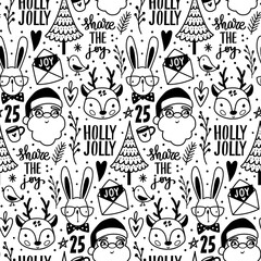 Merry Christmas doodle seamless pattern. Happy new Year repeat background in sketch style. Xmas texture, wrapping paper.