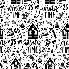 Merry Christmas doodle seamless pattern. Happy new Year repeat background in sketch style. Xmas texture, wrapping paper.