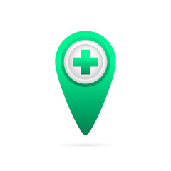 Hospital icon on white backdrop. Location map icon, gps pointer mark. Health care. Search sign. Red cross sign. Web design.