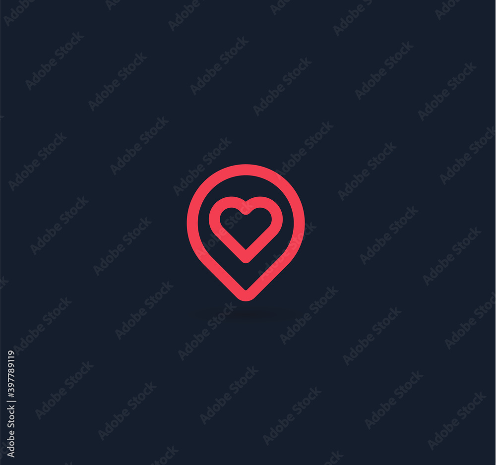 Poster Pin button with red heart linear icon, map pointer, favorite places. Love pointer, dating service, love search service logo concept. isolated vector minimal design