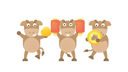Obraz na płótnie Canvas illustration of a smiling or happy bull or buffalo holding ancient chinese coins, gold and lanterns. cute and adorable characters celebrating new year 2021. design cartoon