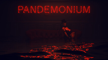 Devil Woman Red Daemon with Tail Sitting on a Red Sofa Surrounded By Blood in a Corset and Top Hat with Neon Pandemonium Sign on the Wall Gates of Hell 3d Illustration render - obrazy, fototapety, plakaty