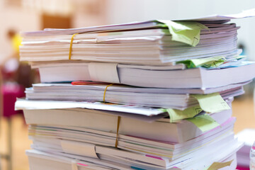 Pile of bunch education documents or books report teacher after approve and checking from admistrator, Annual Reports document for evaluation in student study in university office