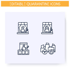 Quarantine line icons set.Lockdown in city. People staying home. Social isolation and covid19 virus spread prevention. Global pandemic fight concept. Isolated vector illustrations.Editable stroke 