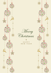 Greeting card with christmas ball and star made from green, red and gold snowflakes and dear on