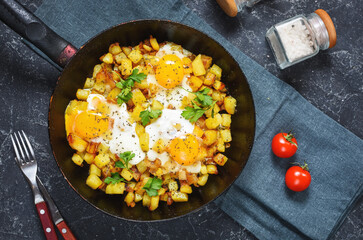 Potato hash with eggs and herbs for breakfast on black stone background