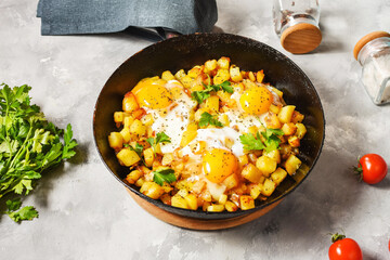 Potato hash with eggs and herbs for breakfast on concrete background