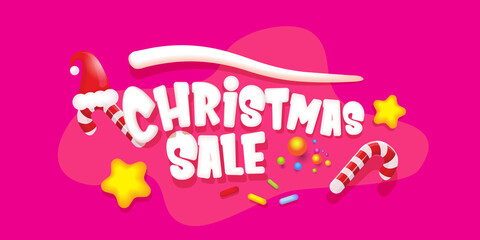 cartoon christmas sale horizontal banner with lighting stars, candies, lollipops, snow, santa red hat and christmas lights isolated on pink background. Cartoon kids style sale label