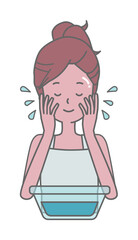 洗面器で洗顔する女性のイラスト