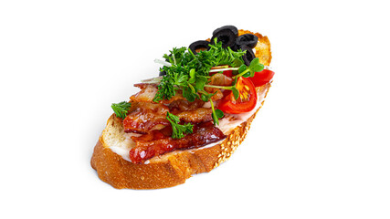 Bruschetta with bacon and vegetables on a white background. High quality photo