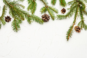Christmas tree branches with pine cones on white putty background
