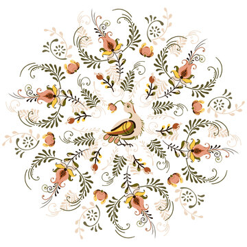 Vector floral ornament round frame with flowers and birds in russian folk art painting style