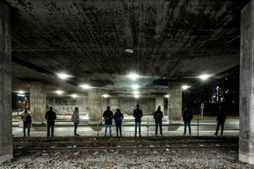 Stockholm, Sweden  People waiting in the morning for a commuter bus in Liljeholmen.