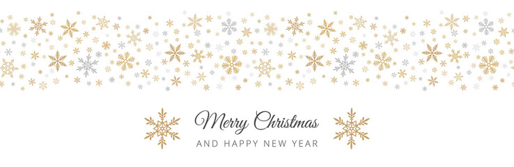 Snowflake border background. Vector seamless pattern with small gold and silver snowflakes on white. Merry Christmas and Happy New year header. Design template for banner, greeting card, web, print