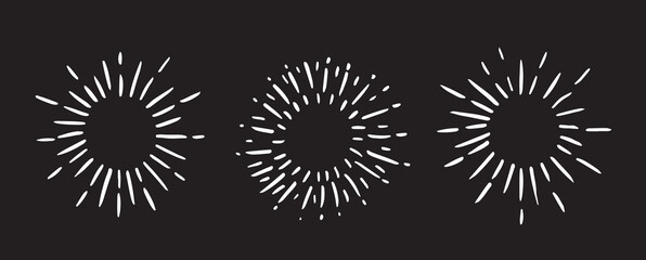 Sun rays images on black background. Firework hand drawn icons set. Vector.	