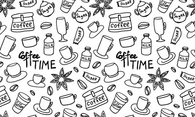 Doodle coffee seamless pattern. Simple outline drawing. Morning drink for breakfast. Hand drawn design element