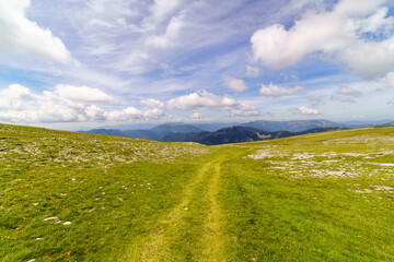 Green landscape in the pyrenees with layered mountains, green meadow and flowers, blue sky with clouds and road.
