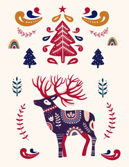 Christmas pattern in Scandinavian folk style with deer and Christmas tree