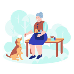 An elderly woman with a dog on a bench in the park. Gives the dog a treat. Vector illustration in flat style.