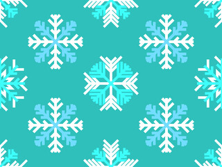Fototapeta na wymiar Snowflakes seamless pattern, white and blue. Merry Christmas and Happy New Year background with falling snow. Flat style. Vector illustration