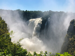 Scenic view of the iconic Mosi-Oa-Tunya waterfall aka Victoria Falls, from the Zimbabwe side.