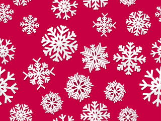 Snowflakes seamless pattern, white and red color. Merry Christmas and Happy New Year background with falling snow. Flat style. Vector illustration