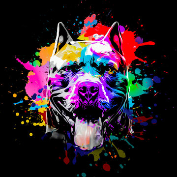 Dog's head illustration on white background with colorful creative elements