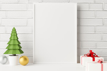 Mockup poster photoframe with christmas decoration.