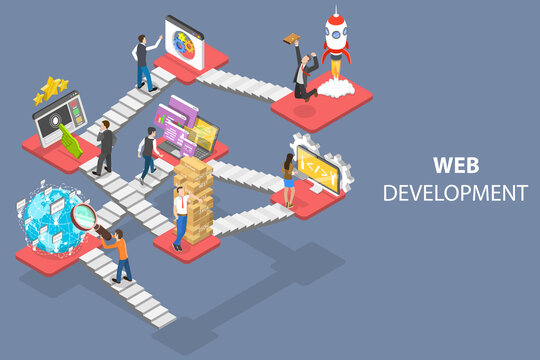 3D Isometric Flat Vector Conceptual Illustration of Web Development, Creating Websites and Mobile Apps.