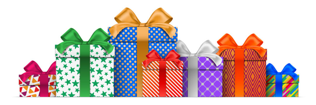 Different height gift boxes, with colorful wrapping patterns, standing isolated on the white background. Horizontal vector banner with enclosed present boxes.