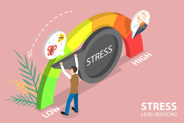 3D Isometric Flat Vector Conceptual Illustration of Stress Level Reducing, Effective Stress Relievers.