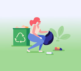Woman collects trash in a reusable bag. Concept of eco friendly lifestyle, cleaning, gathering, clean up, collecting trash, sorting waste, save nature. Vector illustration in flat design