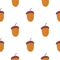 Isolated seamless food pattern with doodle acorn elements. Brown ornament on white background.