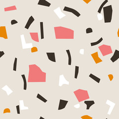 Abstract terrazzo vector pattern with cut out shapes. Trendy seamless background in earth tones.