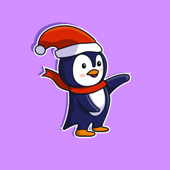 Penguin cute illustrations in winter using Christmas costumes, wave hands pose, good for design elements, stickers, greeting cards, Christmas celebrations and more