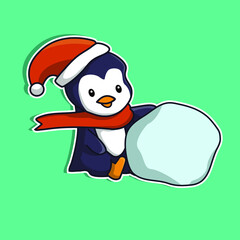 Penguin cute illustration making a snowballs, suitable for use as design elements, stickers, greeting cards, Christmas celebrations and more