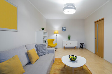 Contemporary interior of living room in modern flat. Cozy furniture. White shelf. Floor lamp. Coffee table.
