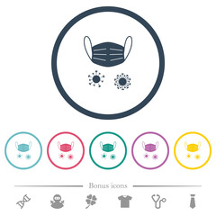 Medical mask and corona viruses flat color icons in round outlines