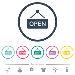 Hanging open sign flat color icons in round outlines
