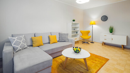 Modern interior of living room. Stylish home decor. Cozy sofa and yellow chair. Coffee table. White shelf.
