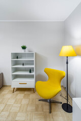 Modern interior of living room. Luxury apartment. Yellow chair. Floor lamp. White shelf. Home decor.