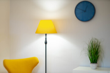 Modern interior of living room. Close-up of yellow floor lamp. White wall. Decorative green flower.