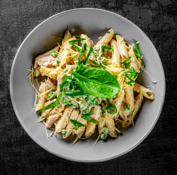 Penne pasta with chicken meat, cream sauce and cheese in a bowl on Dark grey black slate background