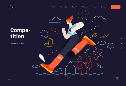 Business topics -competition, web template. Flat style modern outlined vector concept illustration. Runner -a girl running in the park -ginger young woman with headphones and phone. Business metaphor.