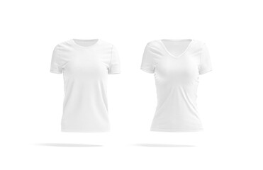Blank white women slimfit and classic t-shirt mockup, front view
